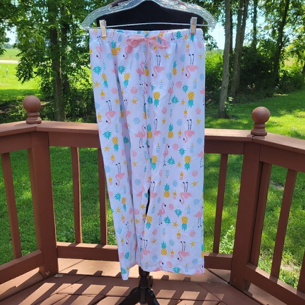 Bobbie Brooks Women's Sleep Pants White & Pink Flamingo's sz Med